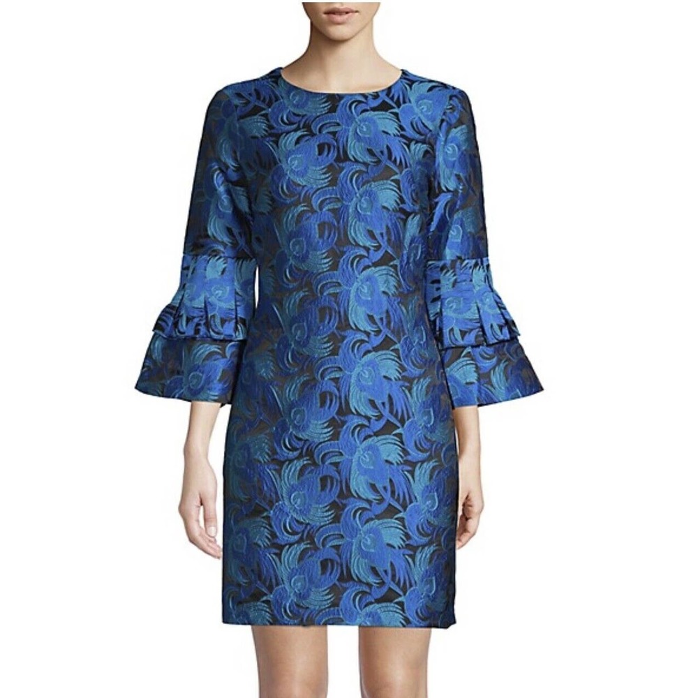 Belle Badgley Mischka Blue Peacock Feather Jacquard Bell Sleeve Cocktail Dress 2